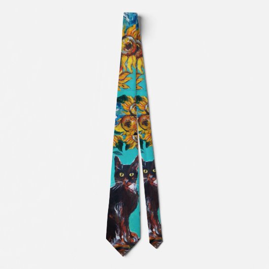 CRAVATE SOUFFLE AVEC CHAT NOIR EN BLEU TURQUOISE (Devant)