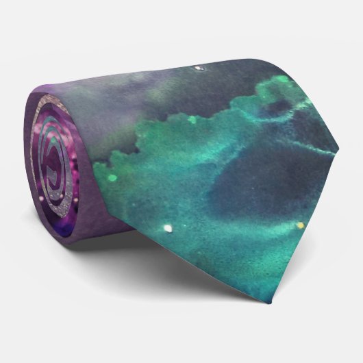 Cravate Space Nebula rose, or vert étoiles encre d'alcool (Roulé)