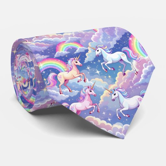 Cravate Sparkly rainbow and unicorns on clouds (Roulé)