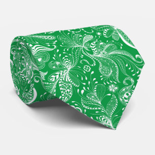 Cravate Spirales florales exotiques blanches et vert irlan