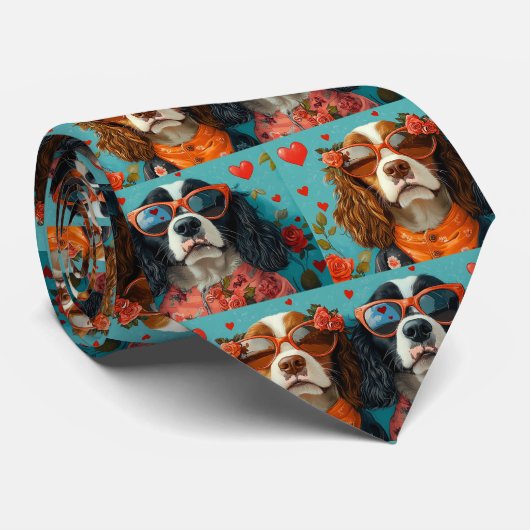 Cravate Springer Spaniel avec Roses de cœur pour la Saint- (Roulé)