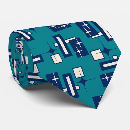 Cravate Stardust Retro Géométrique Turquoise à deux côtés (Roulé)