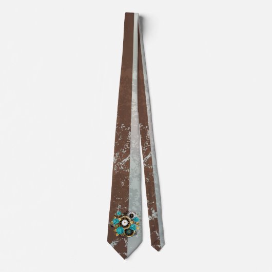 Cravate Steampunk Clock and Turquoise Roses on Striped (Devant)