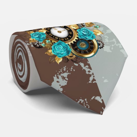 Cravate Steampunk Clock and Turquoise Roses on Striped (Roulé)