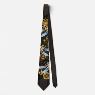 Cravate Steampunk Dragonflies on brown striped background