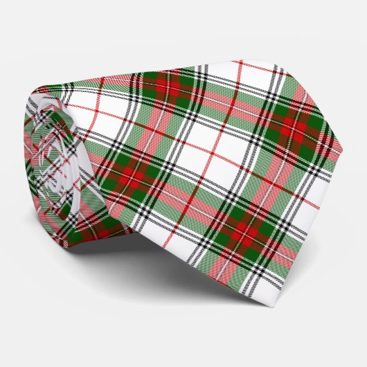 Cravate Stuart / Stewart tartan blanc rouge vert plaid (Roulé)