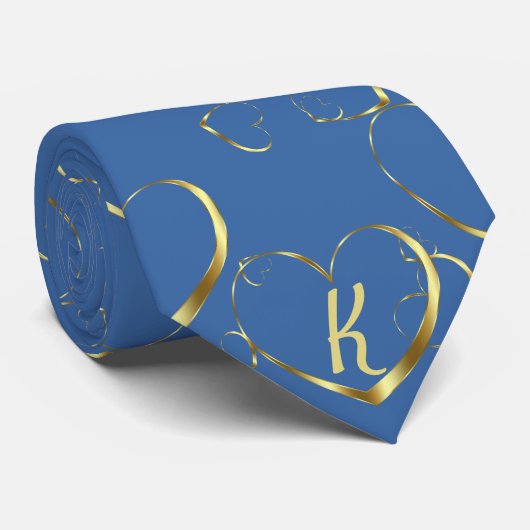 Cravate Style Gold Heart Monogramme Valentine Love Blue (Roulé)