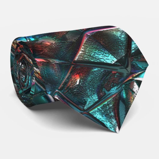 Cravate style kaléidoscope vieux métal chrome bleu vert (Roulé)