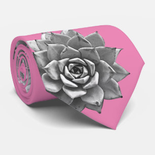 Cravate Succulentes aquarelle grises sur rose