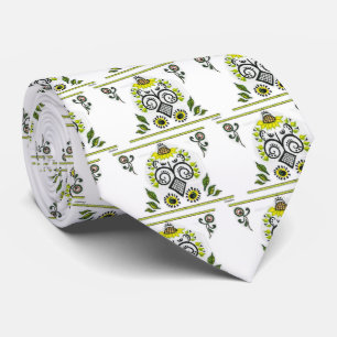 Cravate Sunflower Folk Motif, noir, jaune sur blanc