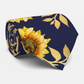 Cravate Sunny Yellow Gold Navy Feuille Motif (Roulé)