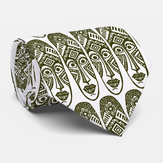 Cravate Surpris Masques Tiki - Dp Olive on White (Roulé)