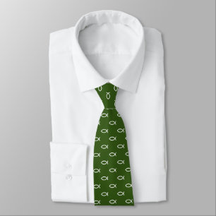 Cravate Symbole de poisson chrétien blanc Motif   Vert