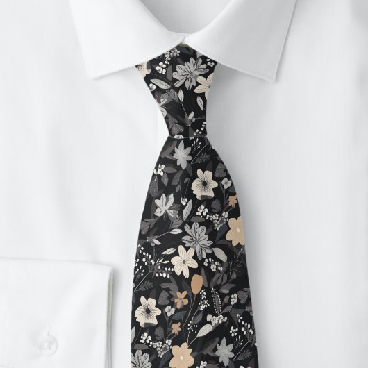 Cravate Taupe et fleurs blanches sur charbon