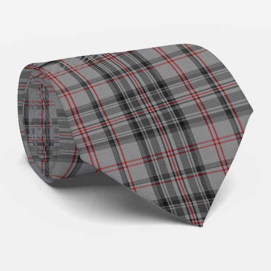 Cravate Taupe gris rouge noir tartan plat (Roulé)