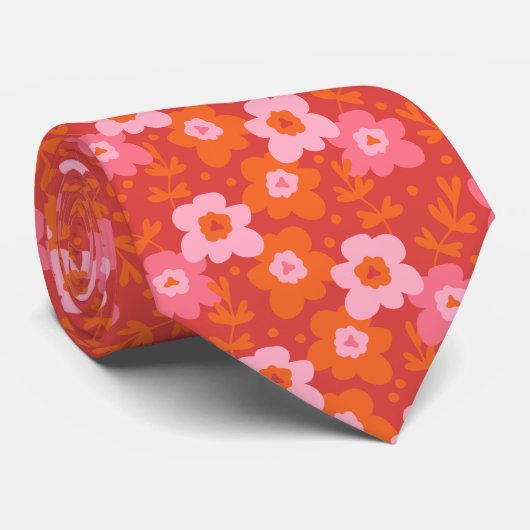 Cravate Tendance Moderne Groovy Floral Rouge Rose Orange (Roulé)