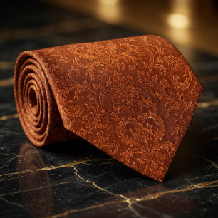 Cravate Terracotta Luxueuse Fleur Baroque Orange Brûlé