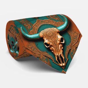 Cravate Terracotta Turquoise Western Country Bull SKull