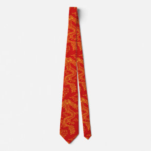 Cravate Thème Dragon chinois rouge et or