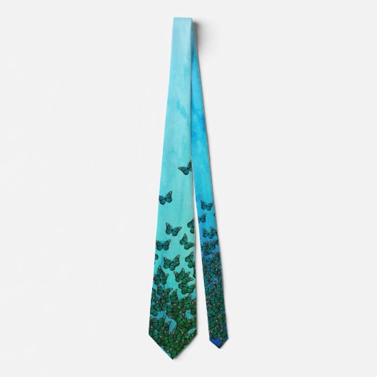 Cravate Thème papillons bleu et vert, motif d'insectes (Devant)