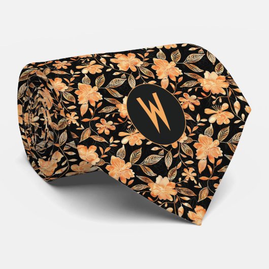 Cravate Tie à col floral noir avec pêche (Roulé)