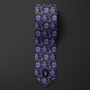 Cravate Tie à col noir avec motif floral d'orchidée violet