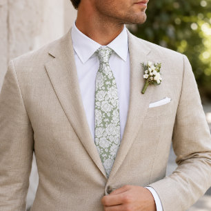 Cravate Tie à col rose floral vert sauge blanc