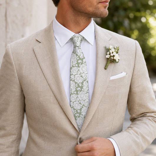Cravate Tie à col rose floral vert sauge blanc