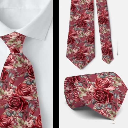 Cravate Tie à l'eau avec roses rouge foncé givré de Bourgo