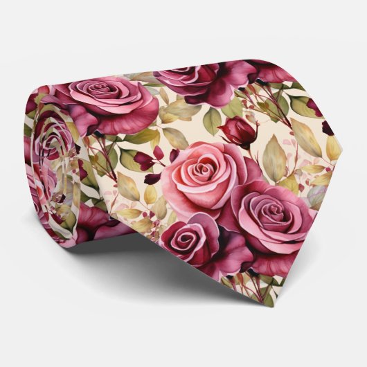 Cravate Tie à motif aquarelle Roses Rouge Mauve Pourpre Ro (Roulé)