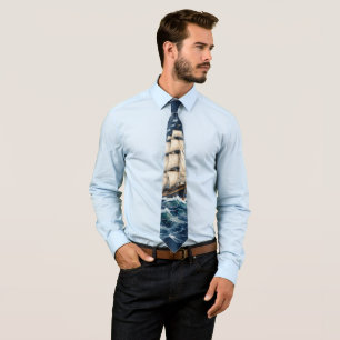 Cravate Tie avec navire de voile aquarelle nautique