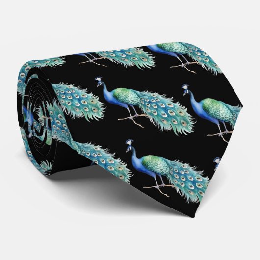 Cravate Tie avec paon sur fond noir (Roulé)