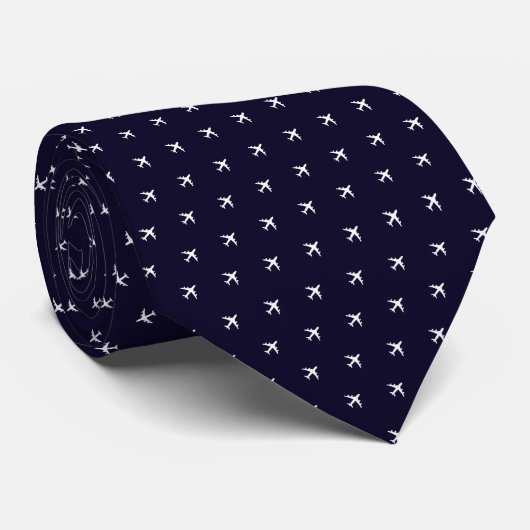 Cravate Tie Bleu Profond de Petits Avions Blancs (Roulé)