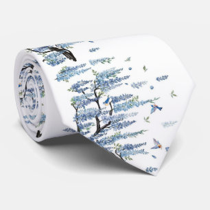 Cravate Tie bleu Wisteria & Songbird aquarelle blanc pour