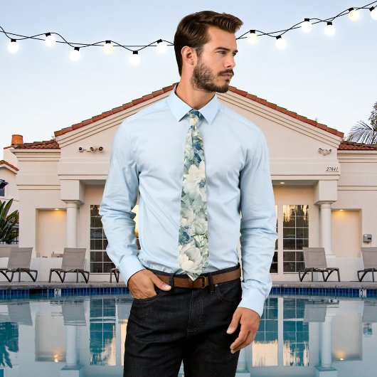 Cravate Tie de mariage à fleurs aquarelles bleu poussiéreu