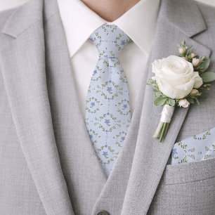 Cravate Tie de mariage botanique folk bleu poussiéreux