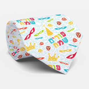 Cravate Tie de Pourim avec texte hébreu "Pourim joyeux"