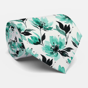Cravate Tie en fausse soie aqua et noir Floral aquarelle