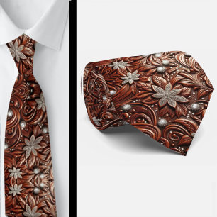 Cravate Tie en faux cuir brun occidental orné de diamants