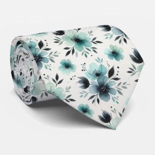 Cravate Tie en faux soie aqua et noir Floral aquarelle