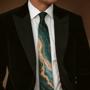 Cravate Tie en Or Feuille Crackle Geode Émeraude Noir Mat