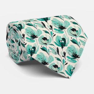 Cravate Tie en soie fausse Aqua + Noir Fleur aquarelle