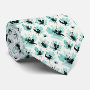 Cravate Tie en soie fausse Aqua + Noir Floral Aquarelle