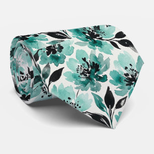 Cravate Tie en soie fausse Aqua + Noir Floral Aquarelle