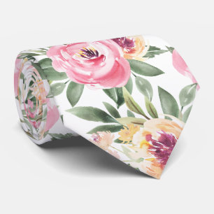 Cravate Tie floral à motifs de pivoines roses aquarelle