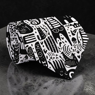 Cravate Tie personnalisé Doodles noir et blanc