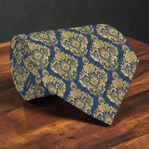 Cravate Tie personnalisé en damas bleu et or