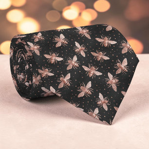 Cravate Tie personnalisé motif abeille rose sur fond noir