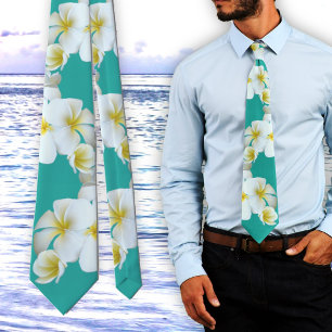 Cravate Tie turquoise frangipanier hawaïen