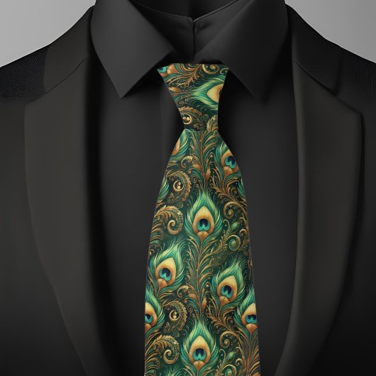 Cravate Tie vert et or à plumes de paon